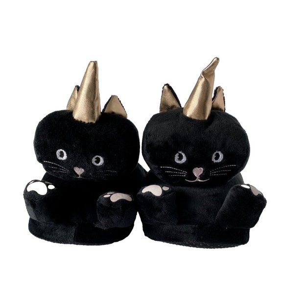Unicorn Cat Slippers New Ladies Black Cute House Slippers w Grip, Size M/L - Picture 1 of 7